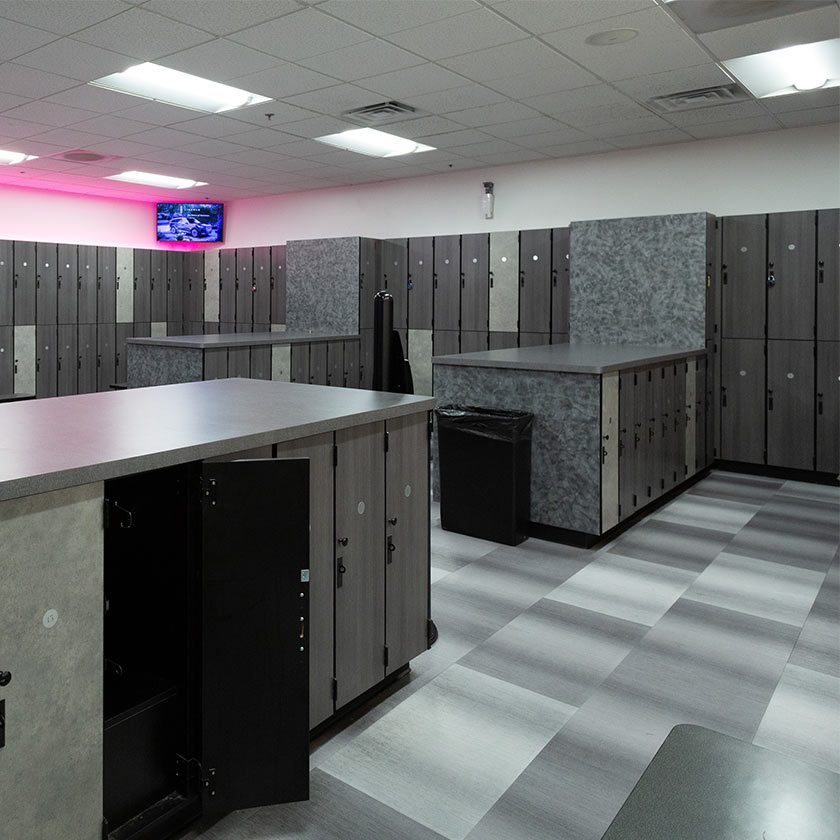 gray and white lockers in muv fitness center near me