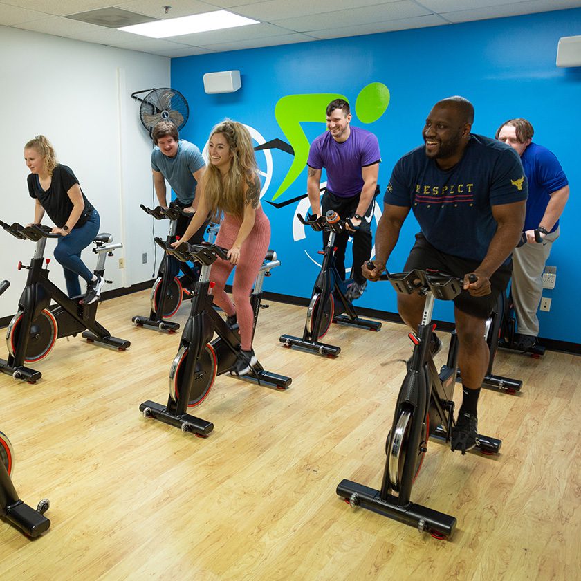 group cycling class studio at a gym in north spokane