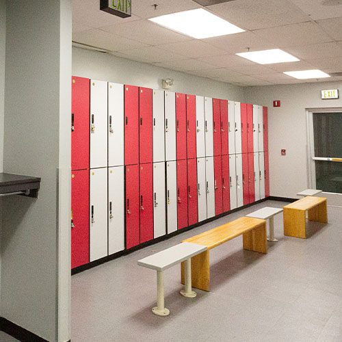 red and white lockers in muv fitness center