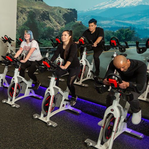 people on exercise bikes in a group fitness class