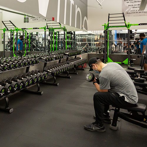 man curling weights in large gym